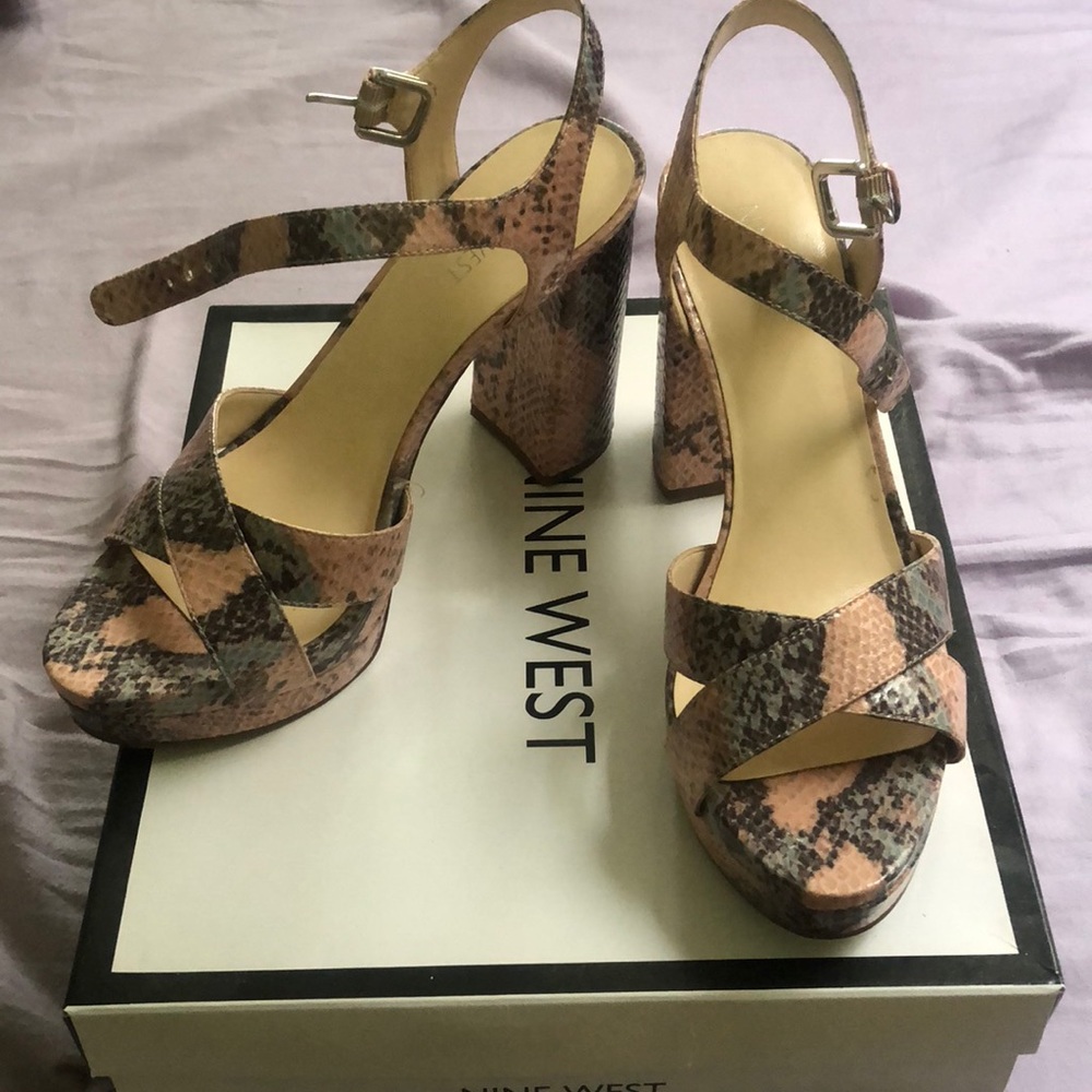Pink snakeskin block heel sandals